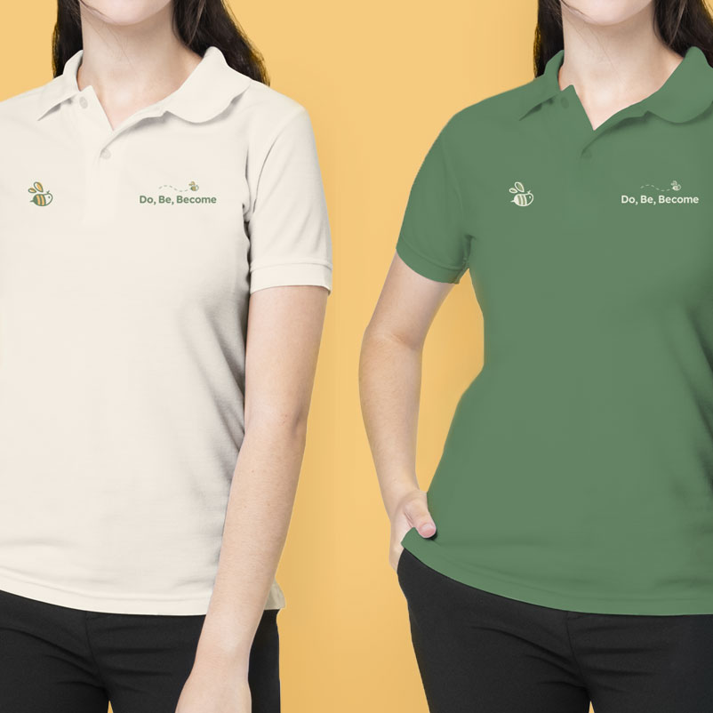 Do, Be, Become polo t-shirts in white and dark green versions.