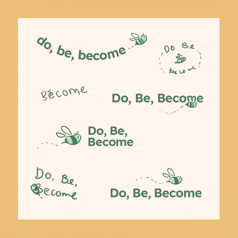 Rough sketches of Do, Be, Become logo variations.