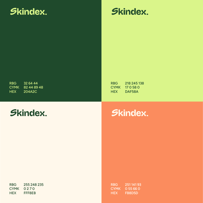 Main colour palette for Skindex containg a dark green, light green, white and orange.