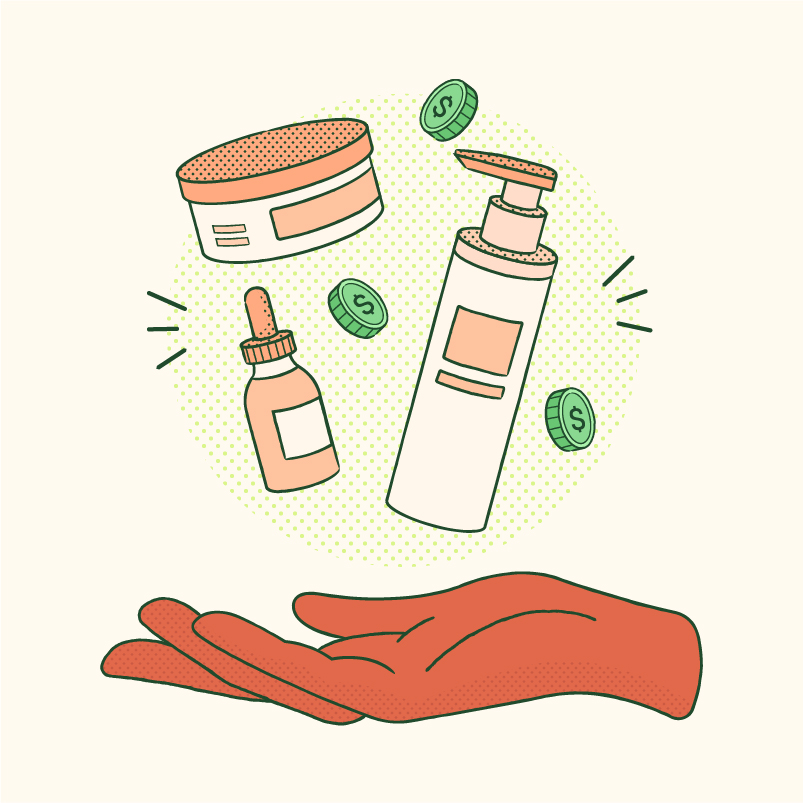 Illustration of a floating green coins and three orange skincare bottles inside of a circle and above a laid out hand.